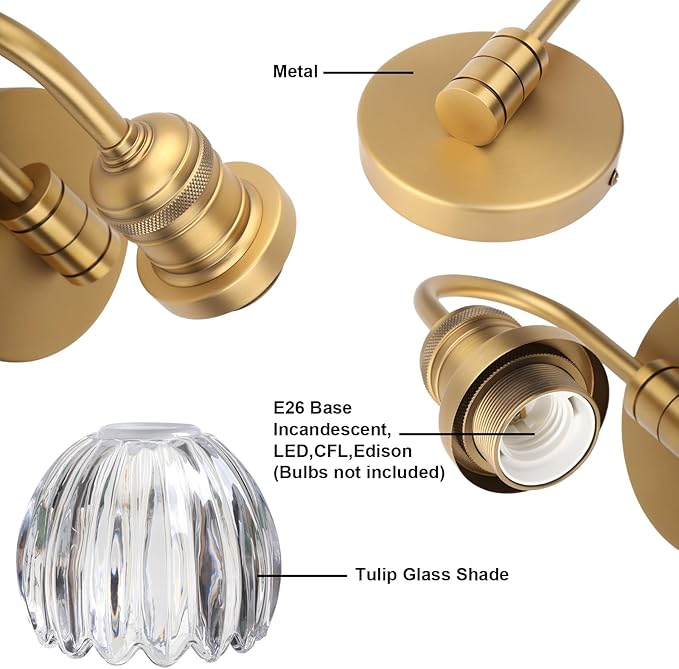 Yosoan Boho Aged Brass Gold Vintage Bathroom Wall Sconce with Flower Shade, 1-Light Indoor Vanity Industrial Hardwired Wall Mounted with Transparent Tulip Shade for Living Room Bedroom(Antique)