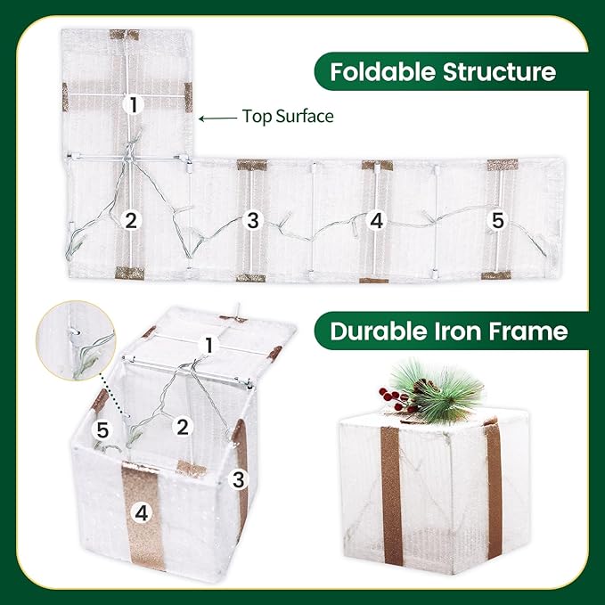 DomKom Set of 4 Christmas Lighted Gift Boxes, 70 Led Light Up White Iron Frame Present Box with Pine Cones Bows for Christmas Tree Party Yard Holiday Indoor Outdoor Decoration