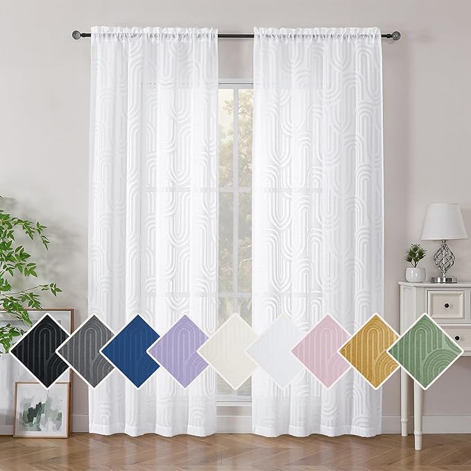 Simplebrand White Semi Sheer Curtains 84 Inches Long 2 Panels, Soft Airy Light Filtering Jacquard Clip Textured Semi Sheer Curtains for Living Room, Modern Elegant Rod Pocket Window Panels, 42"Wx84"L