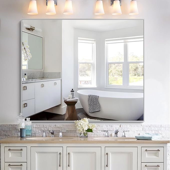 KOCUUY Silver Bathroom Mirror, 40"x48" Large Rectangular Mirror with Metal Frame, Brushed Nickel Vanity Mirror with Modern Design for Bathroom, Living Room, Entryway, Hang Horizontal/Vertical