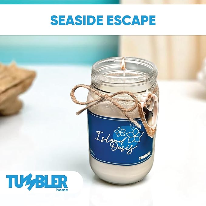 Tumbler Home Beach Candle, Large Scented Summer Candle, 100% Soy Wax, 90 Hour Burn, Mason Jar with Real Shell, Coastal Decor & Beach Themed Gift for Women, Made in USA, Tropical Flowers Scent