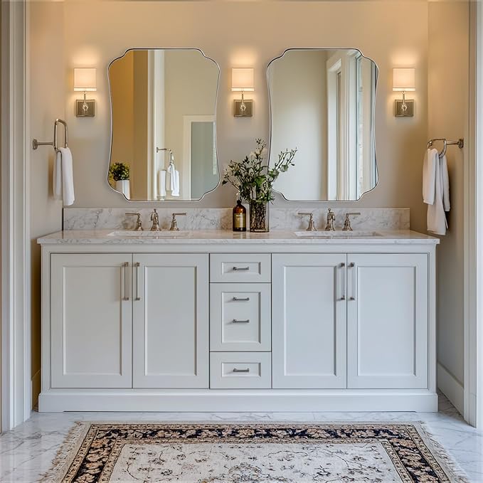 ANDY STAR 24"x36" Brushed Nickel Mirror, Scalloped Bathroom Wall Mirror with Metal Frame for Vanity, Vintage Design Ideal for Entryway, Living Room & Bedroom Decor