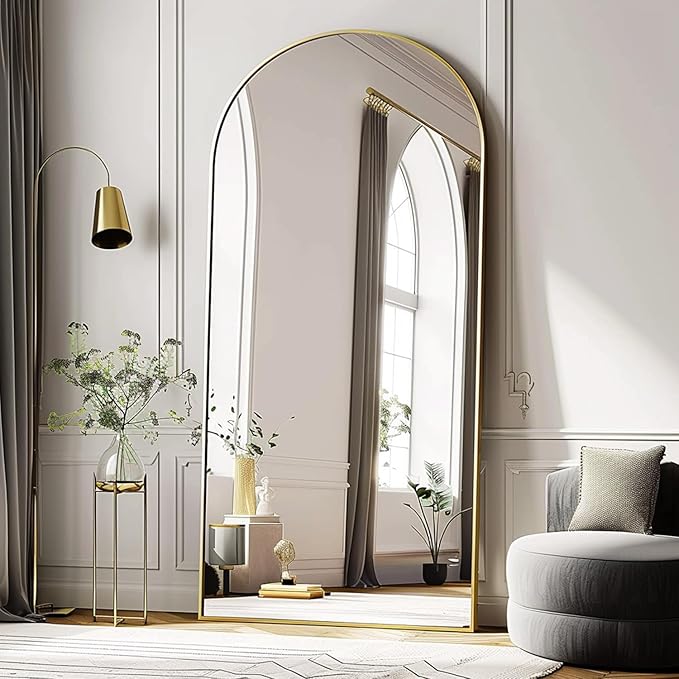 TinyTimes 76''x34'' Arched Floor Mirror, Full Length Body Mirror with Stand, Modern & Contemporary Design, Aluminum Alloy Frame (Gold)