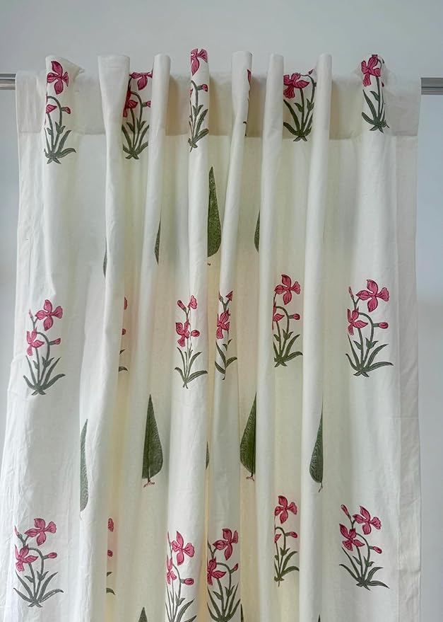 ATOSII 100% Cotton Single Panel Block Print Curtain, Easy Hanging with Rod Pocket & Loop, Living Room, Dining Room, Bedroom Light Filtering Boho Curtains, Set of 1, 60" W X 108" L, Cypress
