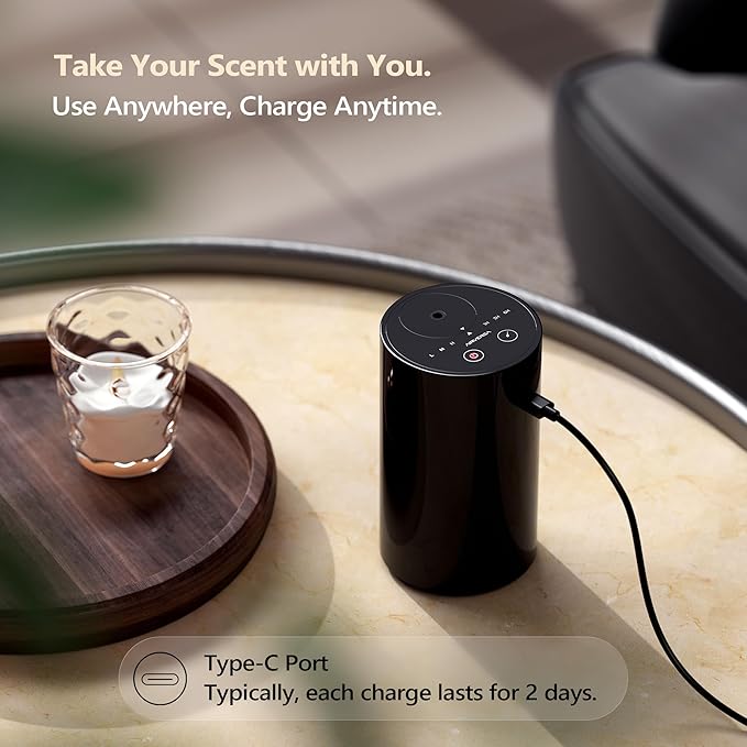 Airversa Waterless Diffuser for Essential Oil, Battery Operated Nebulizer, 0.7 Fl.Oz./ 20mL Capacity, Mini Scent Air Machine, 3 Countdown Timers & 3 Mist Levels for Home Room Car Office - AN8 Black