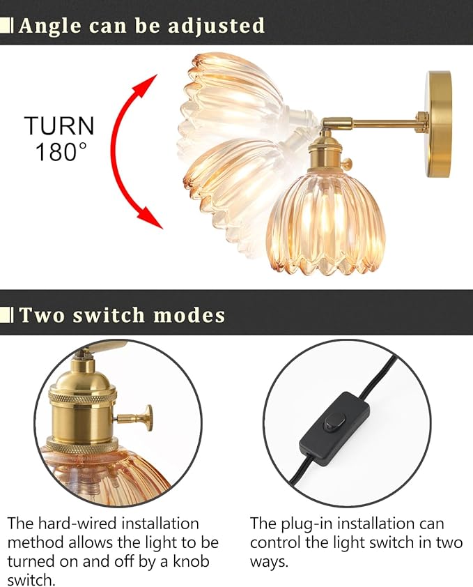 Plug in and Hardwired Wall Sconces, Luxury Vintage Tulip Crystal Glass Shade Wall Light with Switch for Bedside Bedroom Living Room (Tulip-Amber, 2)