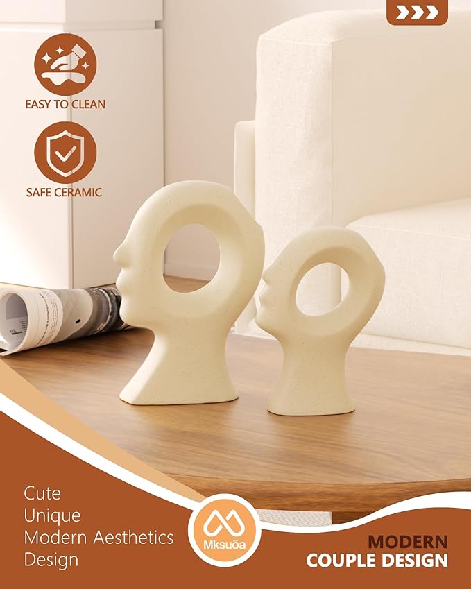 Couple Decorative Statues Set - Boho Style Modern Abstract Sculptures Home Decor, Ceramic Figurines for Living Room Coffee Table, Tv Stand, Mantles, Entryway, Console or Wedding Gifts (Beige White)