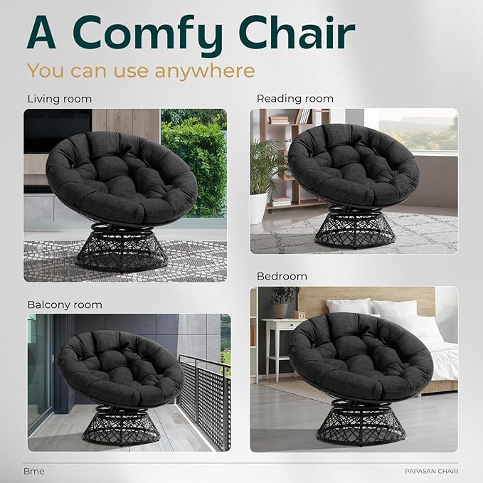 Bme 40" Ergonomic Wicker Papasan Chair with Soft Thick Density Fabric Cushion, High Capacity Steel Frame, 360 Degree Swivel for Living, Bedroom, Reading Room, Lounge, Onyx Stone - Black Base