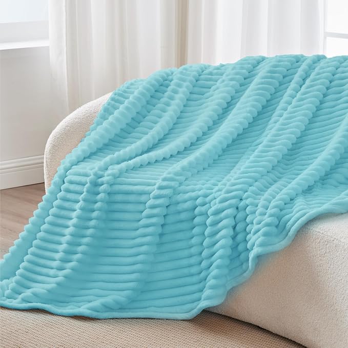 BEDELITE Twin Blanket for Couch & Bed, 300GSM Soft & Warm Fleece Blanket, Decorative and Giftable Striped Sky Blue Blankets for Women, Men, 60"x80"