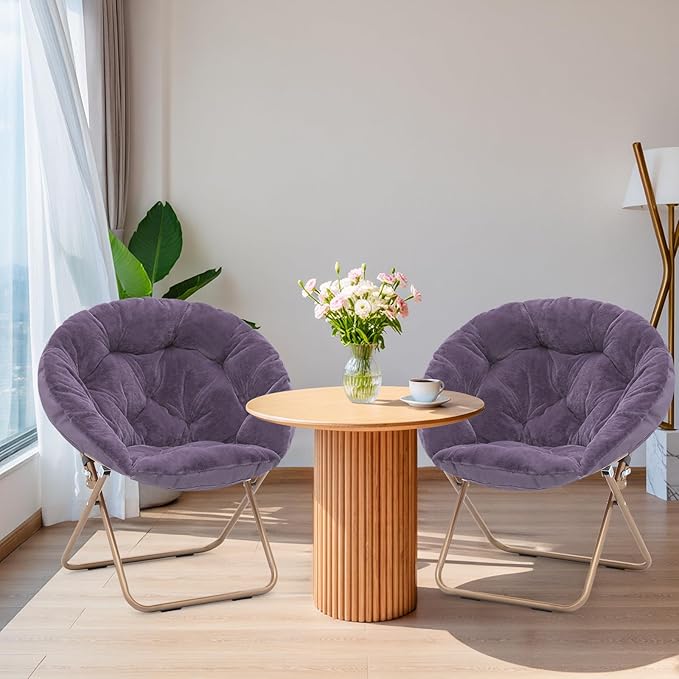 Magshion Saucer Chair for Adults, Comfy Living Room Lounge Chair for Bedroom Corner, Dorm, Apartment, Faux Fur Fluffy Circle Accent Seat with Thick Padded & Folding Metal Frame (Purple, Set of 2)