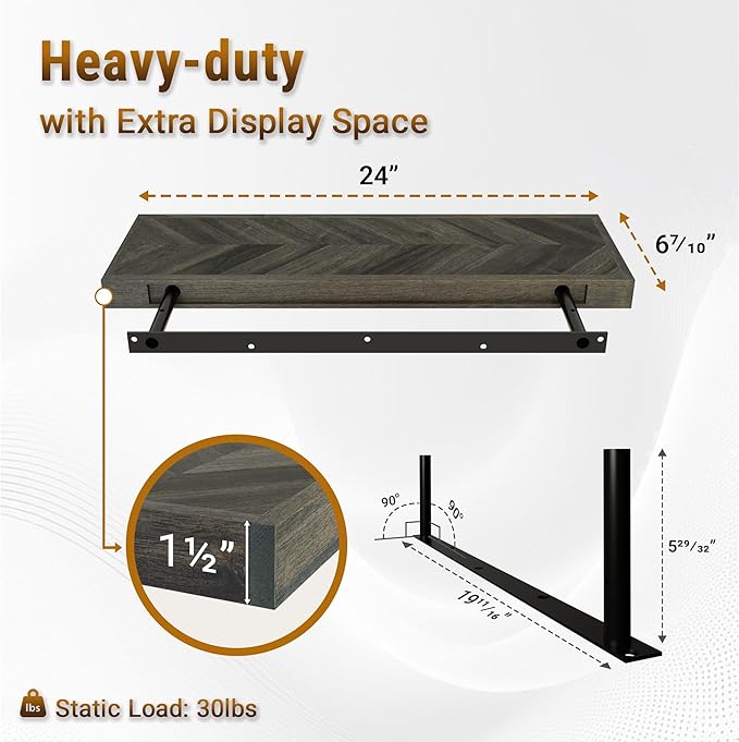 24" Acacia Chevron Floating Shelves Set of 2 - Wall Mounted Wooden Shelf for Stylish Home Dรฉcor - Mocha Color - 24x6.7x1.5 Inches