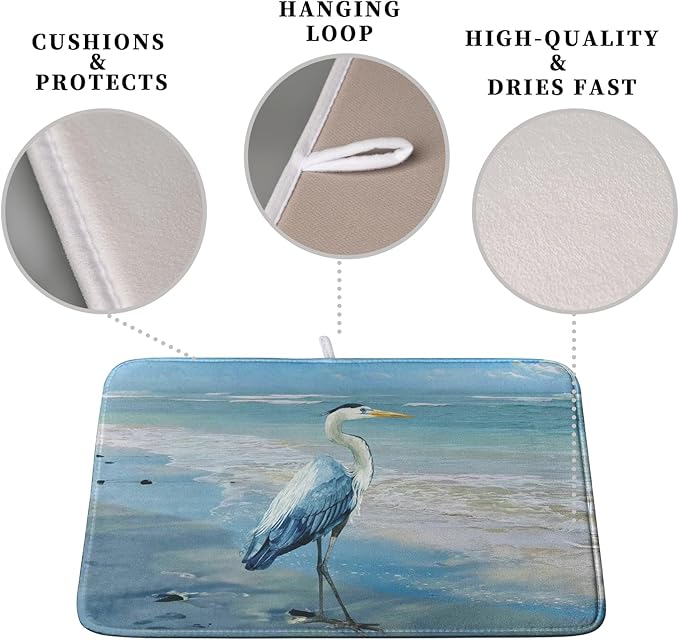 Summer Blue Dish Drying Mat for Kitchen Counter 16x18 Inch Heron Coastal Beach Drying Mats Nautical Ocean Bird Dishes Drainer Mats Microfiber Absorbent Dish Rack Pad