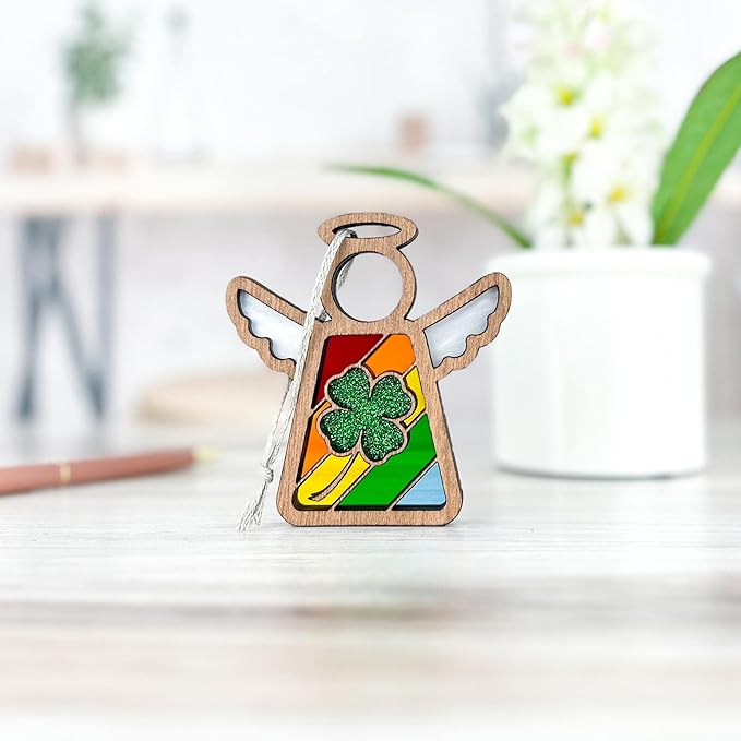Rainbow Baby Ornament - Lucky Four Leaf Clover Suncatcher - Irish Blessing Decor - Angel Ornaments for Christmas Tree - 3.5" (H)