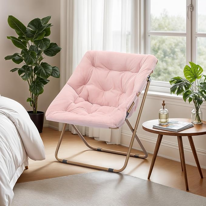 Athena Collection Saucer Chair for Adult, Square Comfy Cozy Chair Folding Chair Faux Fur Metal Frame Foldable Reading Chair Accent Chair for Bed Room Living Room Set of 2, Pink
