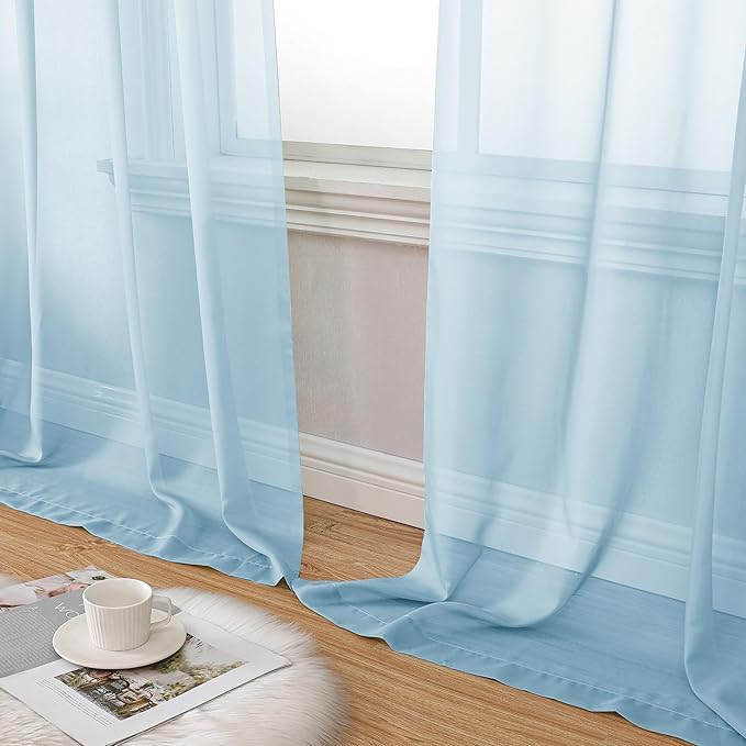 Aiyufeng 2 Pack: Basic Sky Blue Sheer Curtain Drapes 54 Inch Length 2 Panels for Living Room, Light Filtering Voile Drapes for Bedroom, Patio, Sliding Door, Each 42" W x 54" L