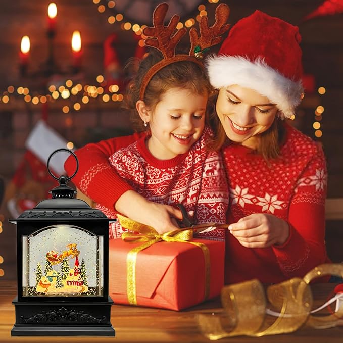 Christmas Snow Globes Lantern with Music & Timer - USB/Battery Operated LED Glittering Globe Lantern, Snow Globe Decoration for Home Holiday Decor (Reindeer)