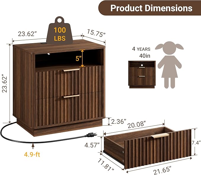 Large Fluted Nightstand Set of 2 with Charging Station, 23" Modern Farmhouse Night Stand, 2 Drawers End Table with Storage, Bedside Table for Bedroom Sofa Home Office (Walnut)