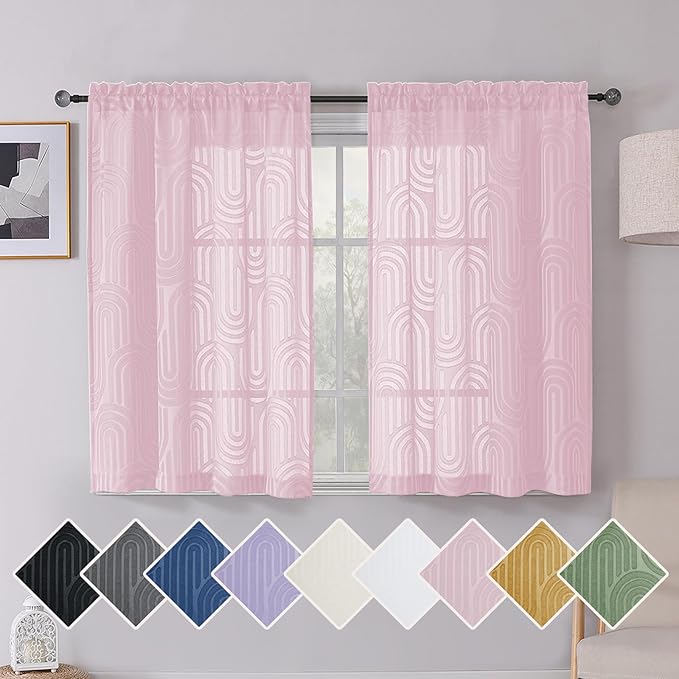 Simplebrand Blush Pink Sheer Curtains 54 Inch Length 2 Panels, Geometric Mid Century Jacquard Clip Textured Short Curtains Sheer for Bedroom, Light Filtering Rod Pocket Curtains, 42Wx54L Inches