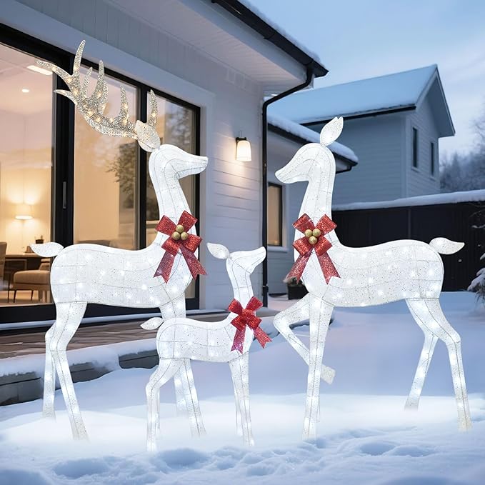 HOYECHI 6.5 FT Oversized Christmas Decorations Outdoor Lighted Reindeer β 3-Piece 3D Deer Family Set with 340 Warm White LED Lights for Yard, Lawn, Garden & Porch Holiday Display - White