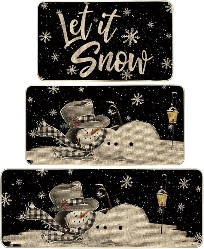 Artoid Mode Let It Snow Snowflake Snowman Light Christmas Decorative Kitchen Mats Set of 2, Home Party Low-Profile Kitchen Rugs - 17"x29"+17"x36"+17"x47"