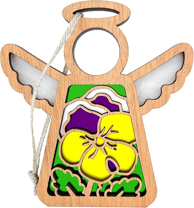 Pansies Gifts for Women - Pansy Christmas Ornament - Yellow Purple Flower Suncatcher - Memorial Angel Figurine - 3.5" (H)