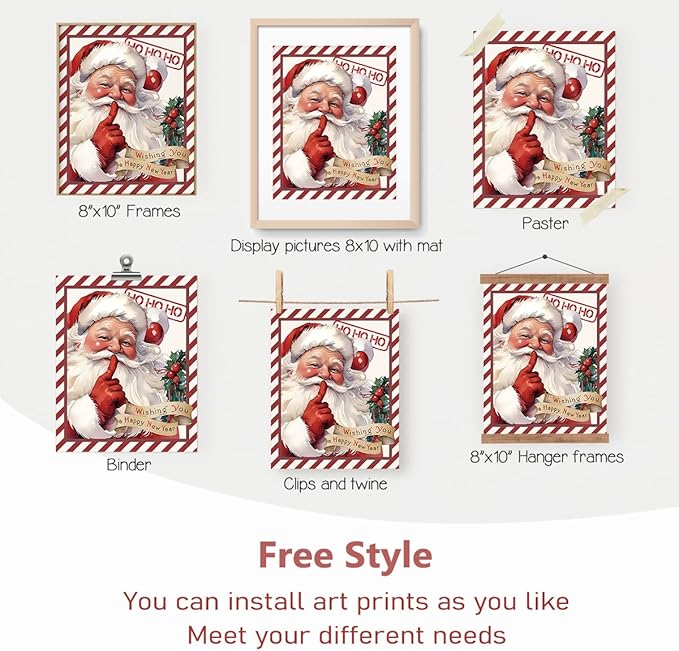 PLKMN Vintage Christmas Decor, Christmas Wall Art Prints Set of 4, Retro Christmas Santa Claus Wall Art Decor for Gallery Living Room Bathroom, 8x10 (Unframed)