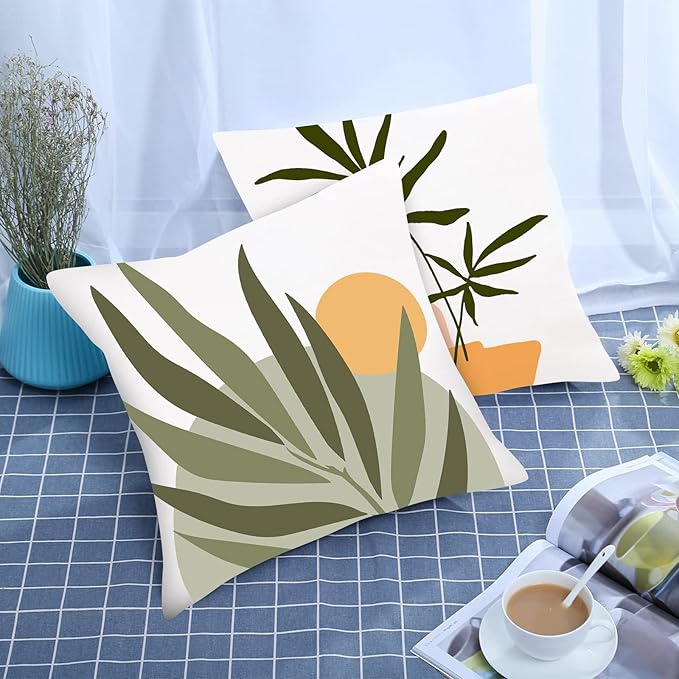 COMMINY Abstract Boho Pillow Covers 16x16 Set of 6 Decorative Sunset Leaves Throw Pillow Cover for Couch Minimalist Modern Pillow Case for Living Room Sofa Home Decor