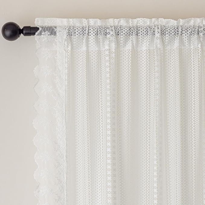 White Sheer Curtains 2 Panels – Vintage Boho Sheer Curtains for Bedroom/Kitchen, Light Filtering Rod Pocket Window Treatments with Lace Trim, Rustic Privacy Chic Drapes, 52W x 45L Inch