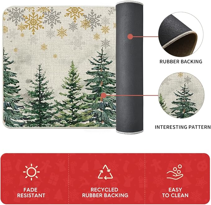 Artoid Mode Xmas Trees Deer Snowflakes Christmas Kitchen Mats Set of 2, Winter Home Decor Low-Profile Kitchen Rugs for Floor - 17x29 and 17x59 Inch