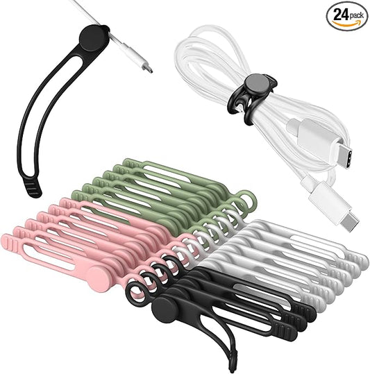24Pcs Nearockle Silicone Cable Ties 3Inch Cord Organizer, Reusable Small Zip Ties Cable Organizer for Charging Cords Earphone Computer Wire, Office Desk Cable Management Travel Accessories(4 Colors)