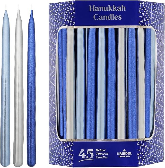 The Dreidel Company 45 Metallic Hanukkah Candles Frosted Premium Tapered Hand Decorated Chanuka Candles (Metallic Blue & Silver) (5-Pack)
