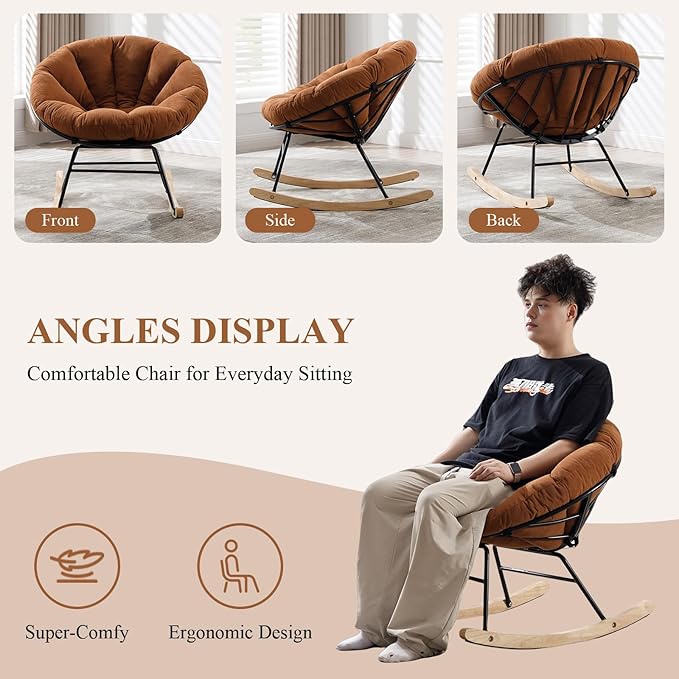NIOIIKIT Nursery Saucer Rocking Chair, Corduroy Upholstered Round Glider Chair, Nursing Chair with Comfy Cushion, Tufted Papasan Chair, Cozy Reading Chair for Living Room, Bedroom (Brown)