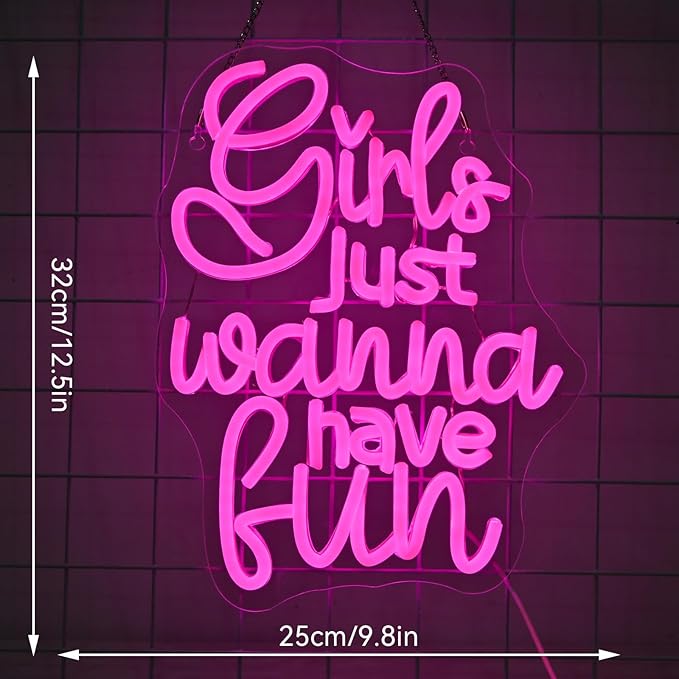 Girls Just Wanna Have Fun Neon Sign 80's Party Decoration Retro Pink LED Neon Light Sleepover Party Girl Neon Signs for Wall Decor,for Bedroom Wedding Christmas Birthday (have fun)