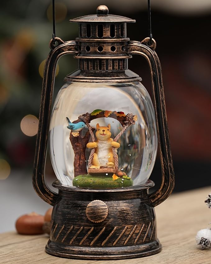 Fall Decor Squirrel Snow Globe, Thanksgiving Decoration Light Up with 6H Timer Glittering Blue Robin Squirrel Snow Globe Fall Gifts for Christmas Decorations