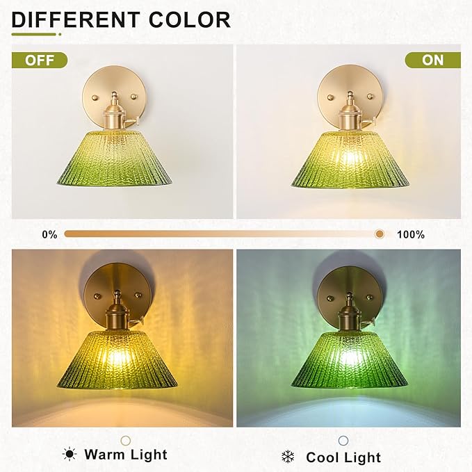 Hardwired Wall Sconce Light, Vintage Wall Sconce with Switch, Gold Wall Light Fixture with Gradient Green Glass Lampshade, Indoor Wall Light for Bedroom Bathroom, Bedside Wall Lamp