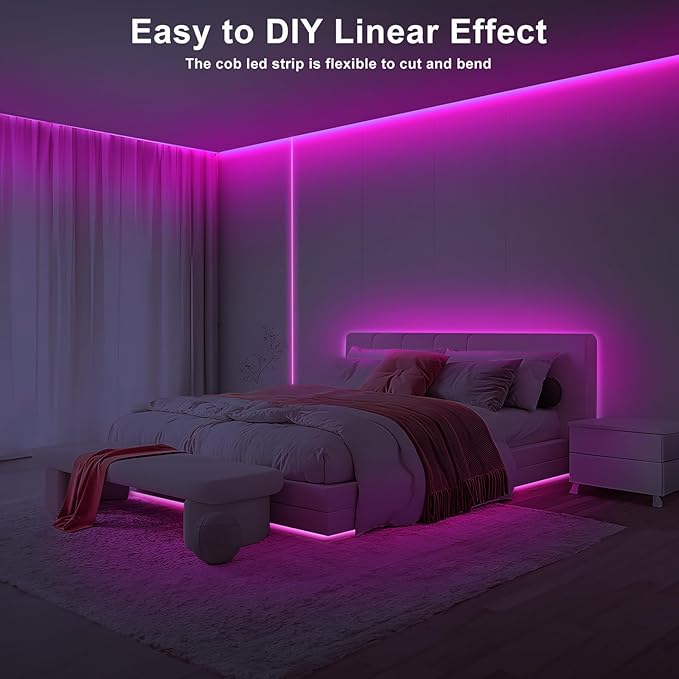 32.8ft Pink COB Led Strip Lights with RF Remote, Dimmable Bright Adhesive Indoor Led COB Light Strip for Cabinet, Painting, Room, Bed