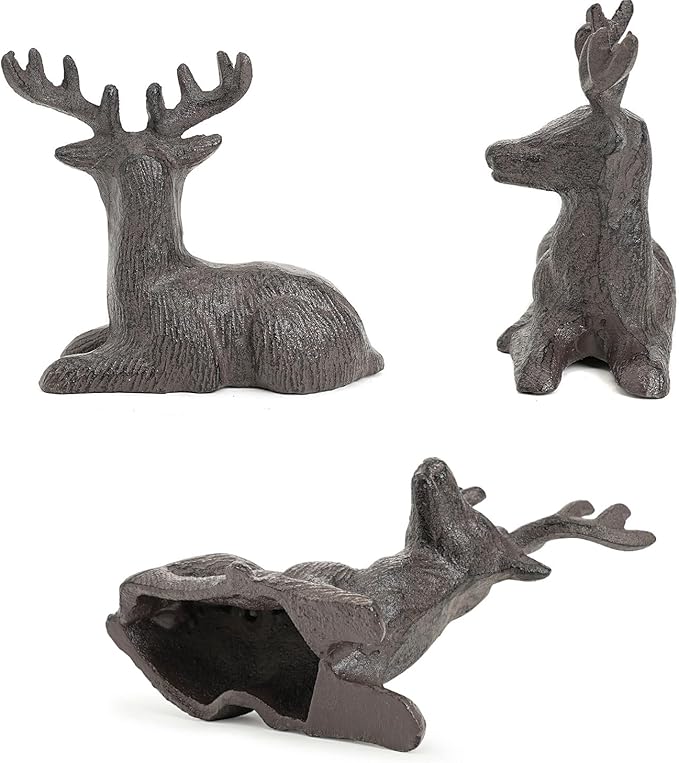 Sungmor Cast Iron Deer Statue, Christmas Reindeer Figurine, Rustic Brown Heavy Lying Elk Vintage Home Decor Sculpture, Indoor Outdoor Shelf Tabletop Holiday Decorations