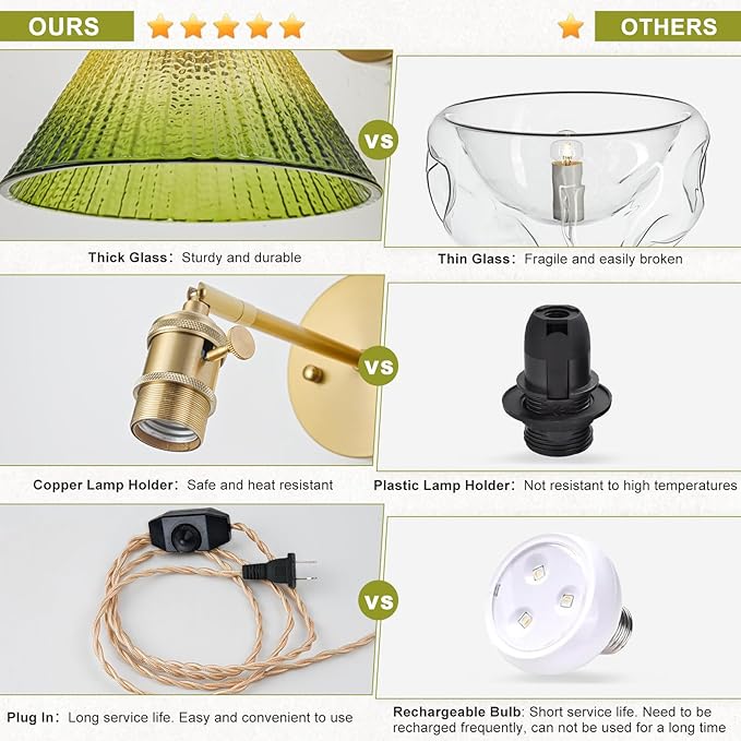 Plug in Wall Sconce, Vintage Sconce Light with Gradient Green Glass Lampshade, 180° Adjustable Wall Sconce with Switch and Plug in Wall Lamp Cord, Gold Wall Light for Bedroom Bedside