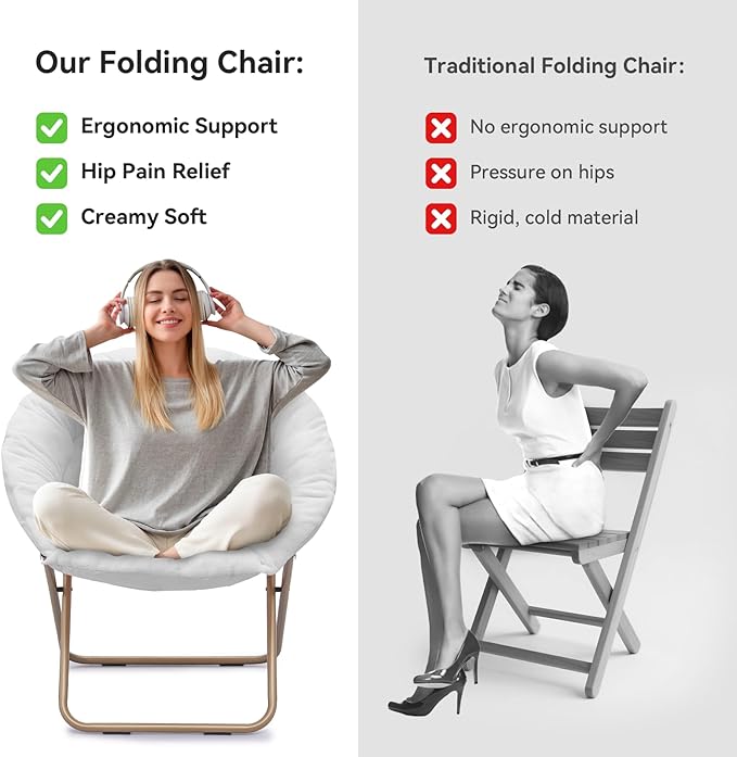 Magshion Saucer Chair for Adults, Comfy Living Room Lounge Chair for Bedroom Corner, Dorm, Apartment, Faux Fur Fluffy Circle Accent Seat with Thick Padded & Folding Metal Frame (White)