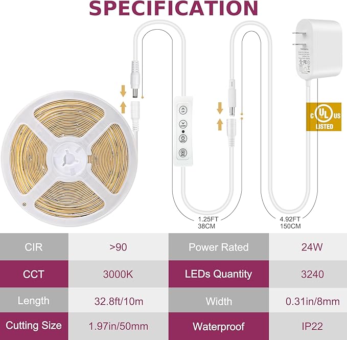 COB LED Strip Light Warm White, 33ft Dimmable 3000K Super Bright White Led Lights Strip with RF Remote and UL Power Supply, 24V Flexible LED Tape Light for Bedroom, Kitchen, DIY Lighting