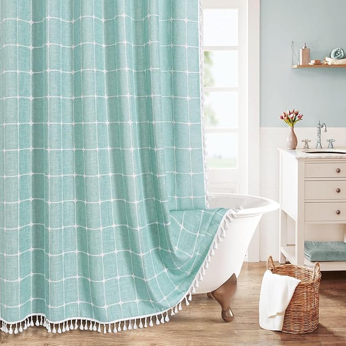 MitoVilla 72 x 84 Teal Blue Boho Extra Long Shower Curtain, Turquoise Farmhouse 84 inch XL Polyester Linen Texture Tassel Fabric Shower Curtain Set with Hooks for Cottagecore Country Bathroom Decor