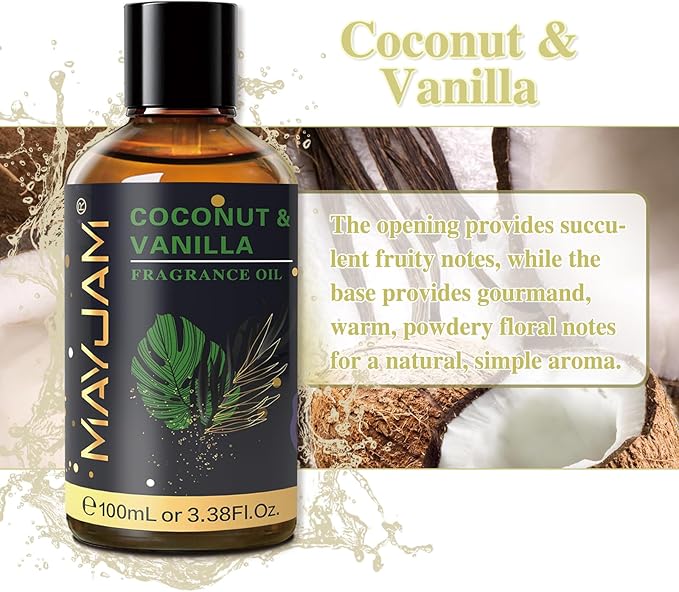 MAYJAM 100ML/3.38FL.OZ Coconut & Vanilla Fragrance Oils with Glass Dropper, Essential Oils for Diffusers for Home, Long Lasting Scented Oils for Diffusers Soap Candle Making