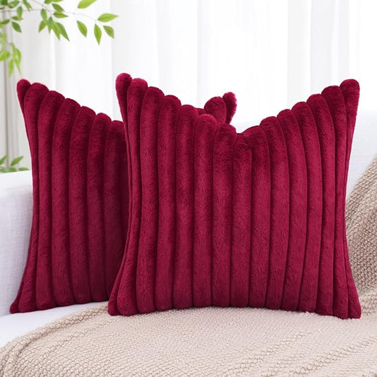 decorUhome Faux Fur Christmas Throw Pillow Covers 26x26 Set of 2, Decorative Soft Plush Striped Neutral Couch Euro Pillow Covers with Velvet Back for Sofa, Bed, Living Room Home Decor, Burgundy