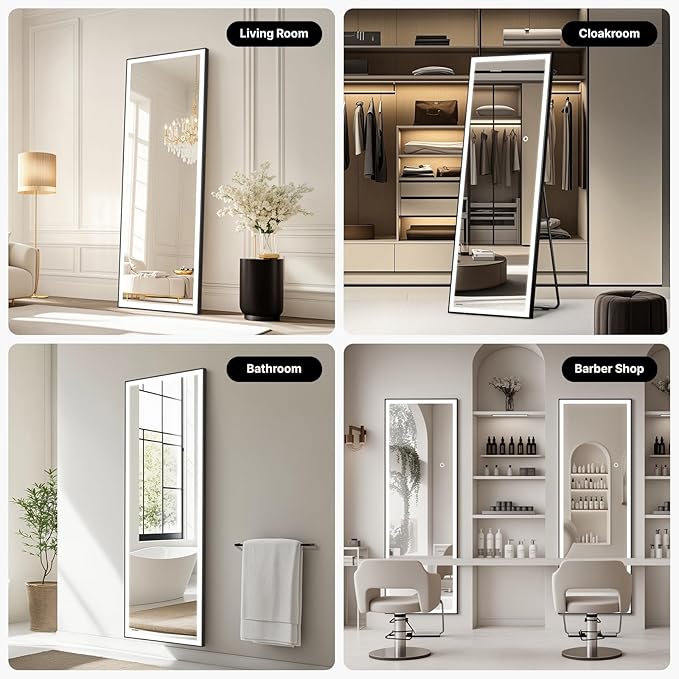 Kosmonia 66x24 Full Length Mirror, Dimmable 3 Color LED Light w/Light Memory, Distortion Free Silver Coating Mirror, HD Reflection &Anti Desilvering,Tempered Glass &Shatter Proof Film Doubles Safety