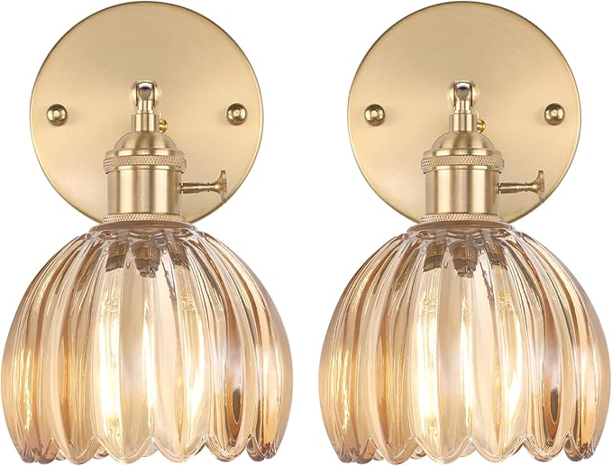 Vintage Wall Sconces Set of 2 with Cute Amber Tulip Glass Lampshade 180 Degree Adjustable Brass Sconces Hradwired Modern Wall Lighting Fixture with Switch for Bedside Bedroom Doorway