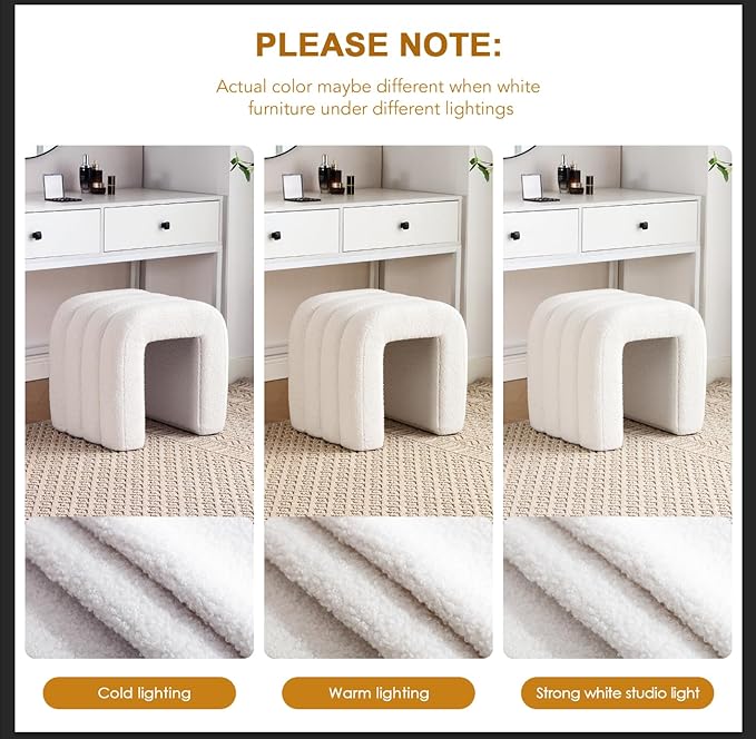 Flouki Ottoman Foot Stool with Channel Tufted, Small Ottoman Bench for Entryway, Modern Sherpa Vanity Stool Chair, Upholstered Foot Rest Extra Seat for Living Room (Off-White)