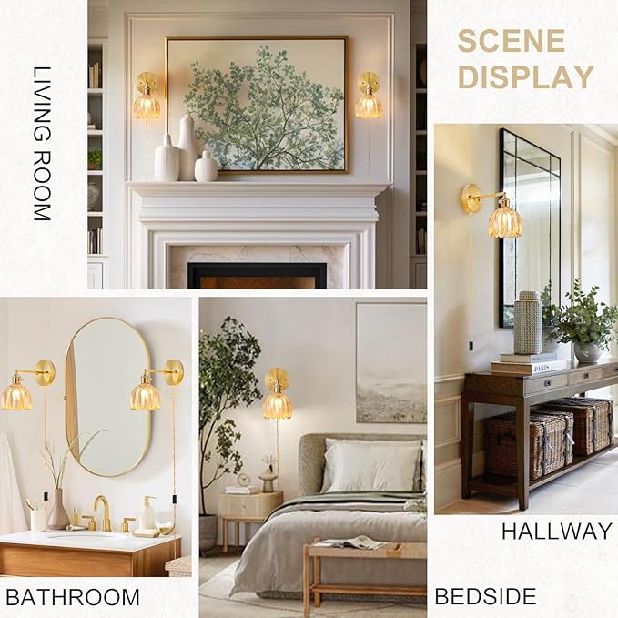 Plug in Wall Sconce, Vintage Sconce Light with Tulip Amber Glass Lampshade, 180° Adjustable Wall Sconce with Switch and Plug in Wall Lamp Cord, Gold Wall Light for Bedroom Bedside