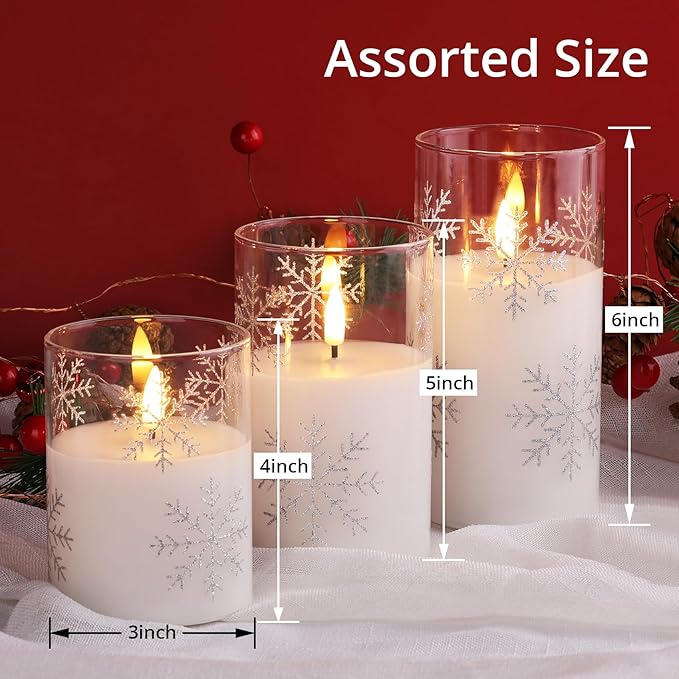 Clear Snowflakes Christmas Flameless Candles with Remote, Flickering Battery LED Pillar Candles Set of 3