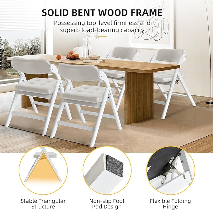 Wood Folding Chairs with Padded Seats, Wooden Folding Chairs Set of 2, Foldable Dining Chair with Cushion, Stackable Extra Chair for Indoor Outside Events, Party, Wedding (White Gray)