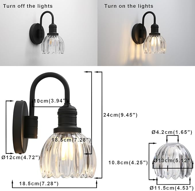 Yosoan Boho Brass Vintage Bathroom Wall Sconce with Flower Shade, 1-Light Indoor Vanity Industrial Modern Hardwired Wall Mounted with Transparent Tulip Shade for Living Room Bedroom Kitchen(Black)